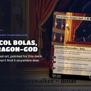 Card spotlight: Nicol Bolas, Dragon-God from the Jace, Multiverse Architect · The Great Transposition Show Commander EDH proxy deck, full-art illustrated illustration up close