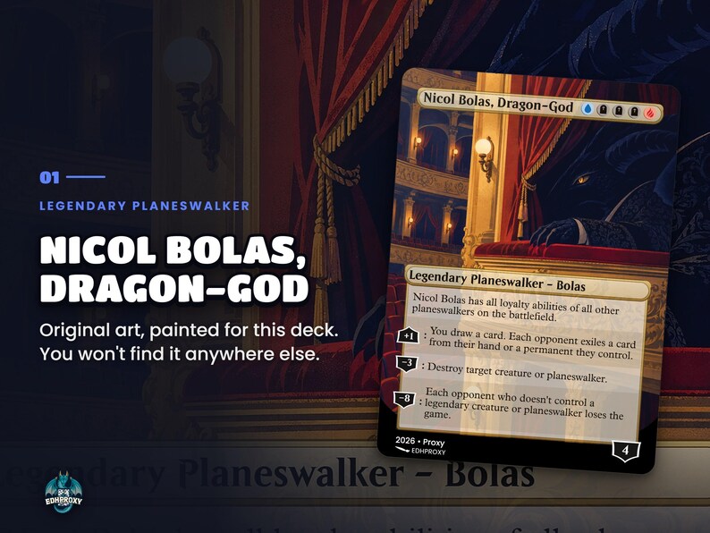 Card spotlight: Nicol Bolas, Dragon-God from the Jace, Multiverse Architect · The Great Transposition Show Commander EDH proxy deck, full-art illustrated illustration up close