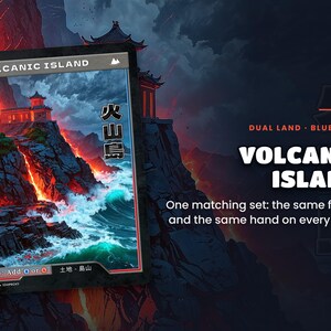 Spotlight: Volcanic Island proxy land card, original art up close, blue-red colour pair