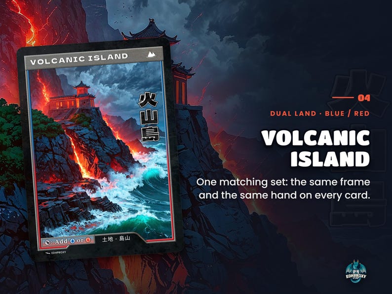 Spotlight: Volcanic Island proxy land card, original art up close, blue-red colour pair