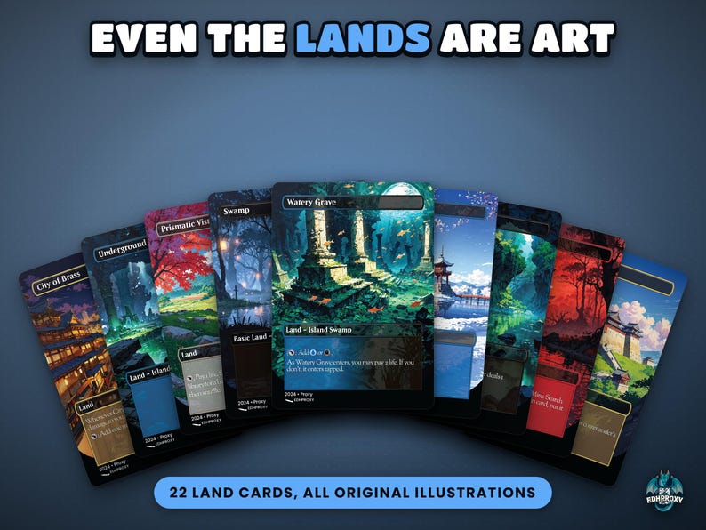 Fan of full-art anime land cards from the Yuriko Ninjas Commander EDH proxy deck