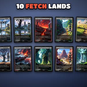 The 10 retro fetch lands: Flooded Strand, Polluted Delta, Bloodstained Mire, Wooded Foothills, Windswept Heath, Marsh Flats, Scalding Tarn, Verdant Catacombs, Arid Mesa, Misty Rainforest