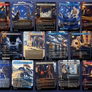 Spread of 14 illustrated proxy cards from the Jace, Multiverse Architect · The Great Transposition Show Commander EDH proxy deck