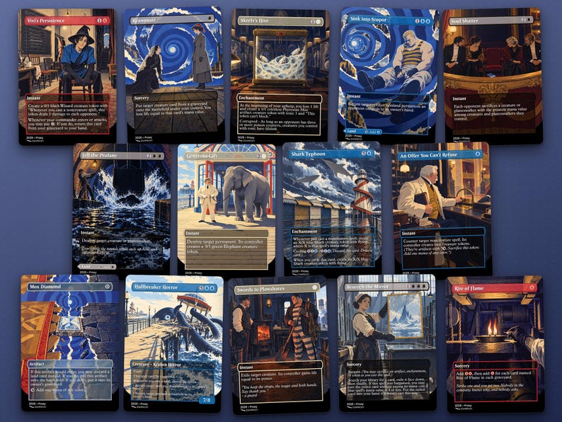 Spread of 14 illustrated proxy cards from the Jace, Multiverse Architect · The Great Transposition Show Commander EDH proxy deck