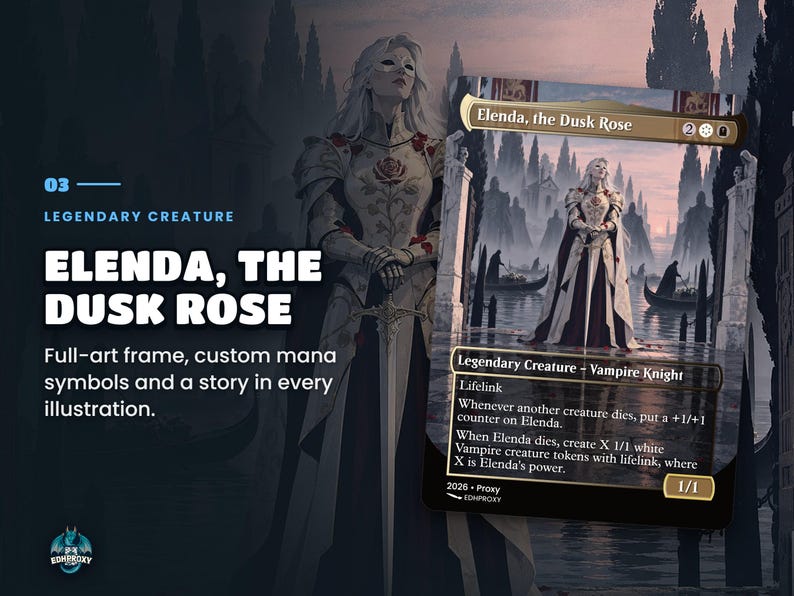 Card spotlight: Elenda, the Dusk Rose proxy with illustrated artwork, zoomed art detail
