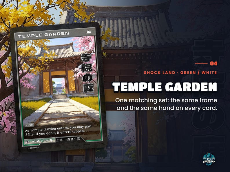Spotlight: Temple Garden proxy land card, original art up close, green-white colour pair