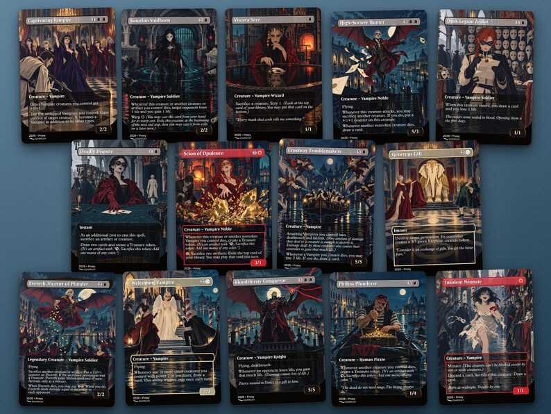 Spread of 14 illustrated proxy cards from the Edgar Markov · Carnival of Venice Commander EDH proxy deck