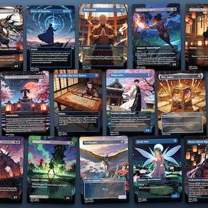 Spread of 14 anime proxy cards from the Yuriko Ninjas Commander EDH proxy deck