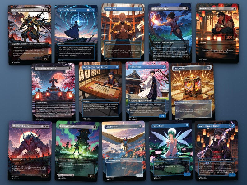 Spread of 14 anime proxy cards from the Yuriko Ninjas Commander EDH proxy deck