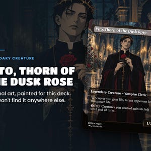 Card spotlight: Vito, Thorn of the Dusk Rose from the Edgar Markov · Carnival of Venice Commander EDH proxy deck, full-art illustrated illustration up close