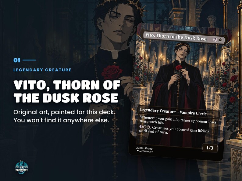 Card spotlight: Vito, Thorn of the Dusk Rose from the Edgar Markov · Carnival of Venice Commander EDH proxy deck, full-art illustrated illustration up close