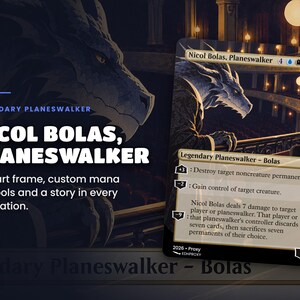 Card spotlight: Nicol Bolas, Planeswalker proxy with illustrated artwork, zoomed art detail