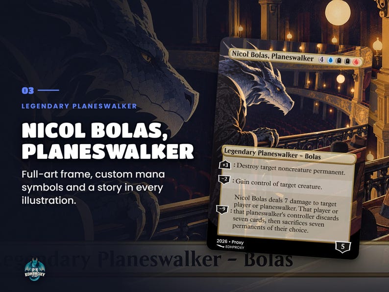 Card spotlight: Nicol Bolas, Planeswalker proxy with illustrated artwork, zoomed art detail