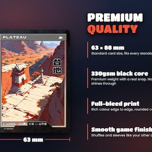 Card size 63 x 88 mm on premium 330gsm black-core card stock, standard sleeve size