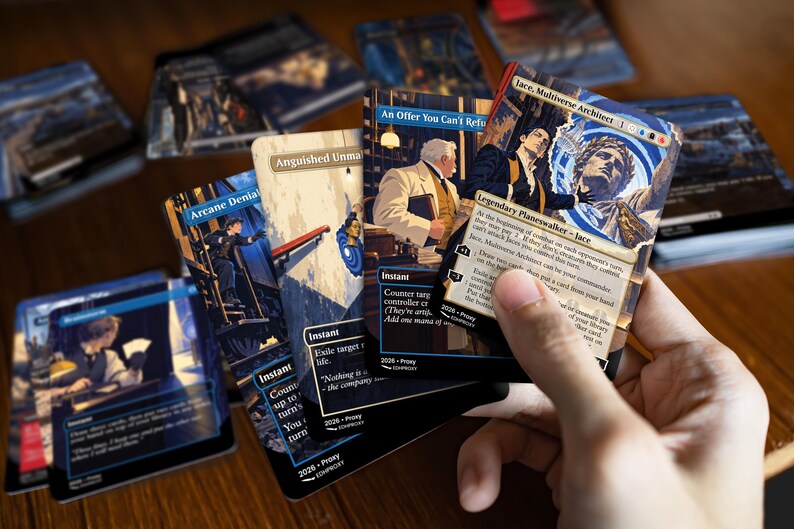 Printed Jace, Multiverse Architect · The Great Transposition Show proxy cards in hand, showing real card size, finish and illustrated artwork