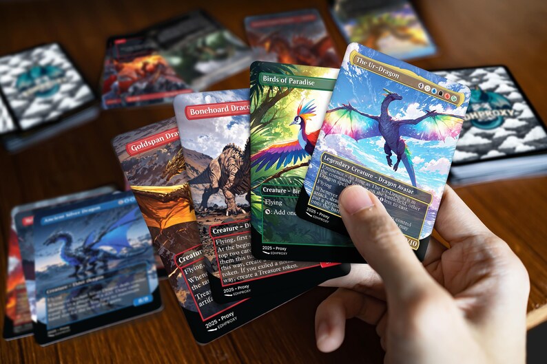 Printed The Ur-Dragon proxy cards in hand, showing real card size, finish and anime artwork