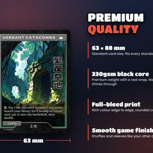 Card size 63 x 88 mm on premium 330gsm black-core card stock, standard sleeve size