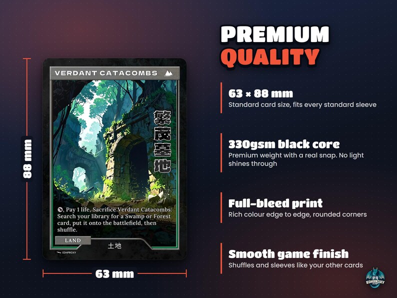 Card size 63 x 88 mm on premium 330gsm black-core card stock, standard sleeve size