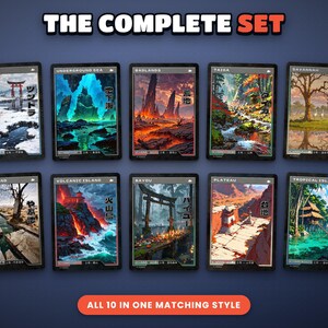 The complete set of 10 retro lands side by side: Badlands, Bayou, Plateau, Savannah, Scrubland, Taiga, Tropical Island, Tundra, Underground Sea, Volcanic Island