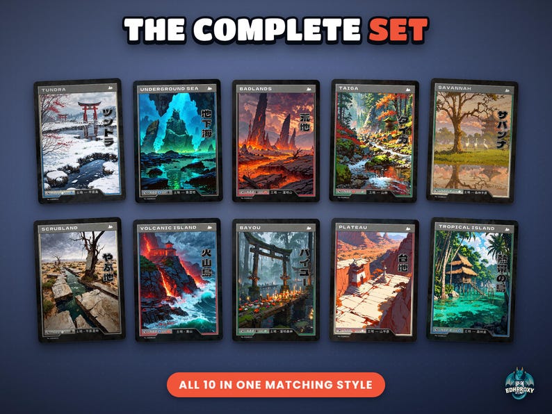 The complete set of 10 retro lands side by side: Badlands, Bayou, Plateau, Savannah, Scrubland, Taiga, Tropical Island, Tundra, Underground Sea, Volcanic Island