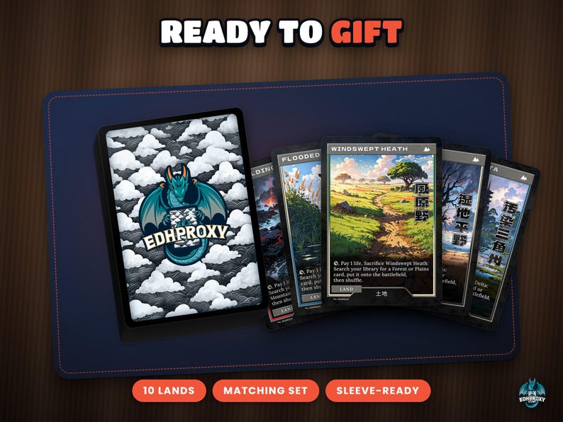 The Retro Japanese Fetches as a gift for a Commander player, card stack with the EDHProxy back