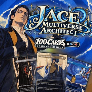 May include: A Jace Multiverse Architect 100 cards Commander deck featuring a central illustration of a character in a dark coat. Three Magic: The Gathering cards are displayed in the foreground, including Bitterblossom, Anguished Unmaking, and Mana Drain, set against a blue swirling background.
