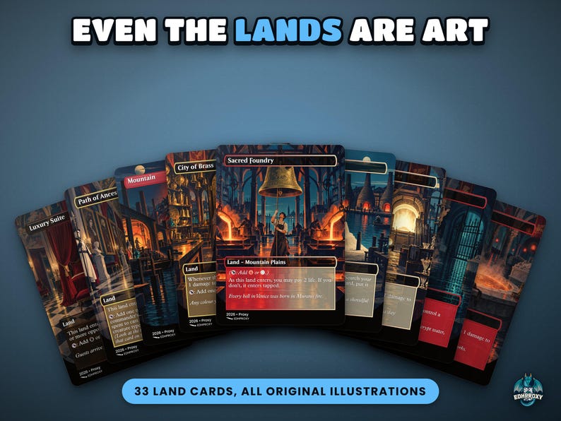 Fan of full-art illustrated land cards from the Edgar Markov · Carnival of Venice Commander EDH proxy deck