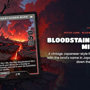 Spotlight: Bloodstained Mire proxy land card, original art up close, black-red colour pair