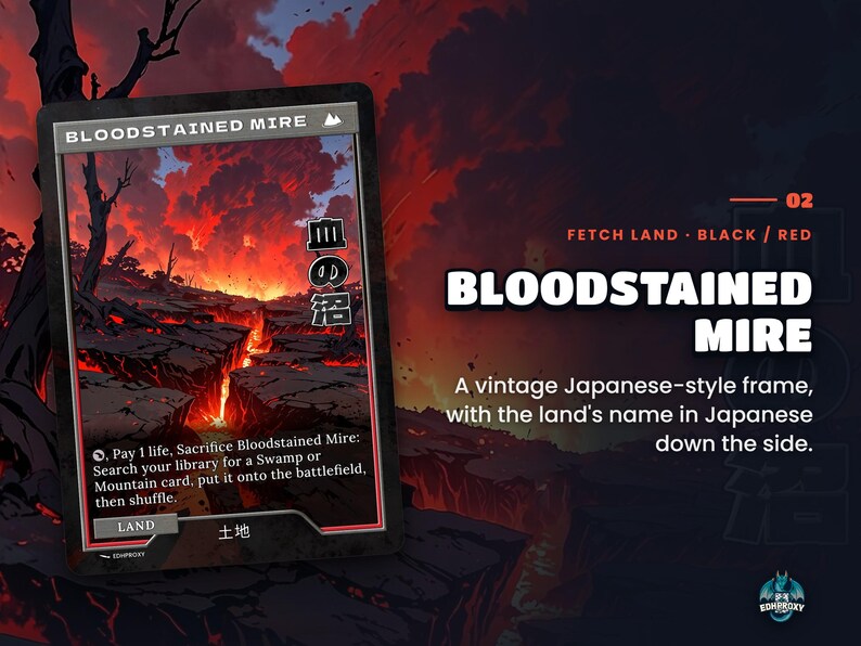 Spotlight: Bloodstained Mire proxy land card, original art up close, black-red colour pair