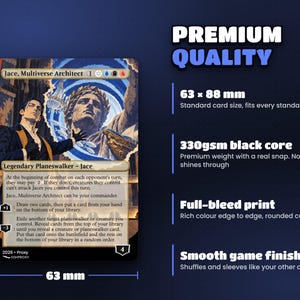 Card size 63 x 88 mm on premium 330gsm black-core card stock, standard sleeve size, full-bleed print