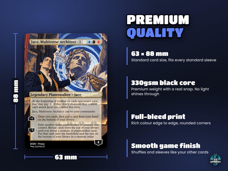 Card size 63 x 88 mm on premium 330gsm black-core card stock, standard sleeve size, full-bleed print