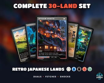 Retro Japanese-Style Lands Bundle, 30 Full-Art Cards (Duals, Fetches, Shocks)