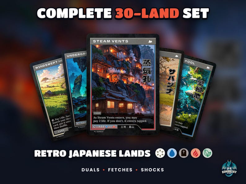 Retro Japanese Lands: 30 full-art retro Japanese-style proxy land cards for MTG Commander / EDH