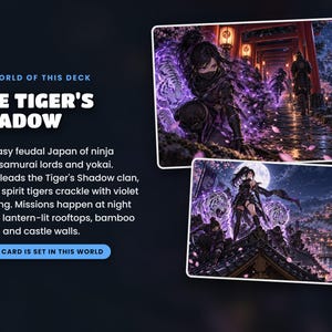 The world of the Yuriko Ninjas deck, The Tiger's Shadow: story key art and the setting every card illustration shares