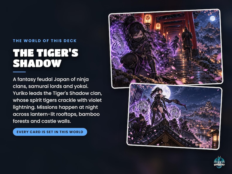 The world of the Yuriko Ninjas deck, The Tiger's Shadow: story key art and the setting every card illustration shares