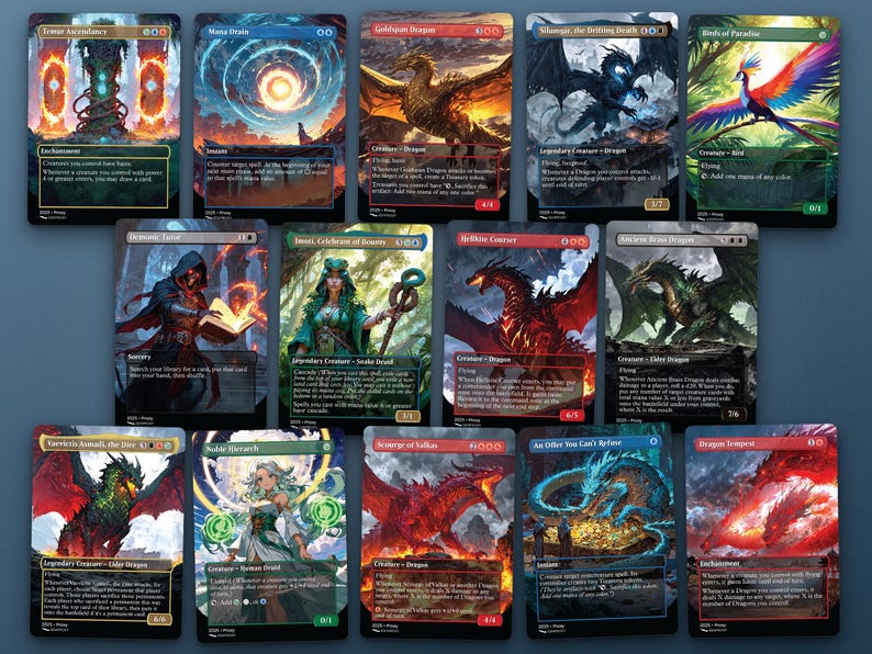 Spread of 14 anime proxy cards from the The Ur-Dragon Commander EDH proxy deck