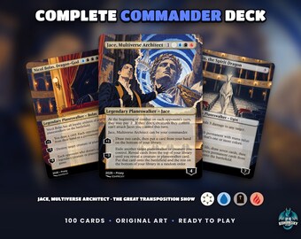 Mazo de comandante Jace Multiverse Architect, cartas proxy de Planeswalker, mazo EDH de 100 cartas, arte de Edwardian Illusion Show, listo para jugar.