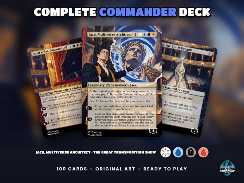 Jace, Multiverse Architect · The Great Transposition Show Commander EDH proxy deck: complete 100-card MTG commander deck with original illustrated art, Jace commander, white-blue-black-red