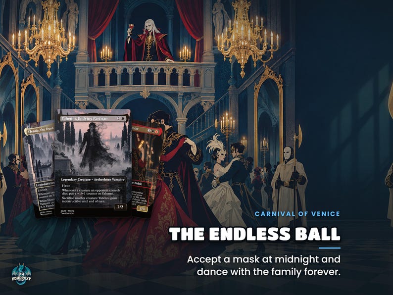 Carnival of Venice: Accept a mask at midnight and dance with the family forever. Story key art for the Edgar Markov · Carnival of Venice Commander EDH proxy deck