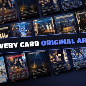 Wall of illustrated art proxy cards: every card in the Jace, Multiverse Architect · The Great Transposition Show deck has original artwork