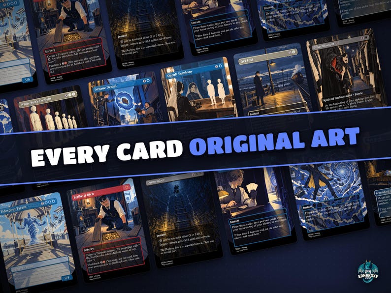 Wall of illustrated art proxy cards: every card in the Jace, Multiverse Architect · The Great Transposition Show deck has original artwork
