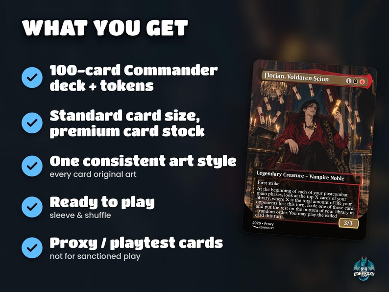 What you get: 100-card Edgar Markov · Carnival of Venice commander deck, original art, standard size, ready to sleeve and play