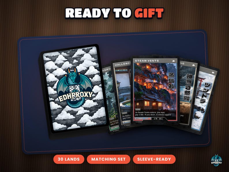 The Retro Japanese Lands as a gift for a Commander player, card stack with the EDHProxy back
