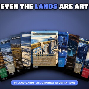 Fan of full-art illustrated land cards from the Jace, Multiverse Architect · The Great Transposition Show Commander EDH proxy deck