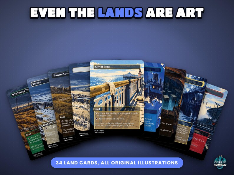 Fan of full-art illustrated land cards from the Jace, Multiverse Architect · The Great Transposition Show Commander EDH proxy deck