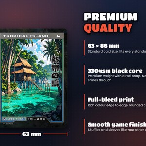 Card size 63 x 88 mm on premium 330gsm black-core card stock, standard sleeve size