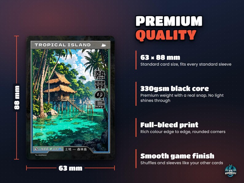 Card size 63 x 88 mm on premium 330gsm black-core card stock, standard sleeve size