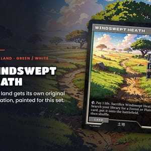 Spotlight: Windswept Heath proxy land card, original art up close, green-white colour pair