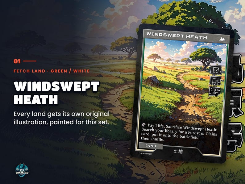 Spotlight: Windswept Heath proxy land card, original art up close, green-white colour pair
