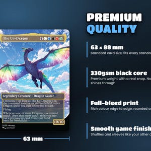 Card size 63 x 88 mm on premium 330gsm black-core card stock, standard sleeve size, full-bleed print